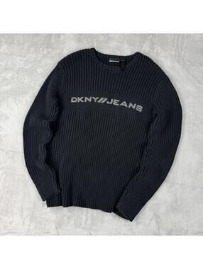 DKNY Jean Ribbed Long Sleeve Sweater Men's Size S Black Logo Crew Neck VTG Y2K